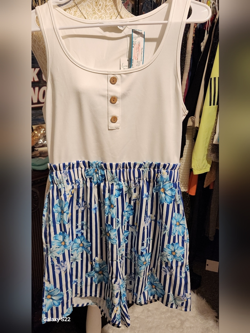 NWT CUPSHE SIZE MEDIUM White Tank Top Romper with Blue Floral Stripe Skirt